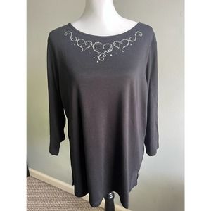 Quacker Factory black knit top long sleeve with jeweled hearts on neckline Sz L